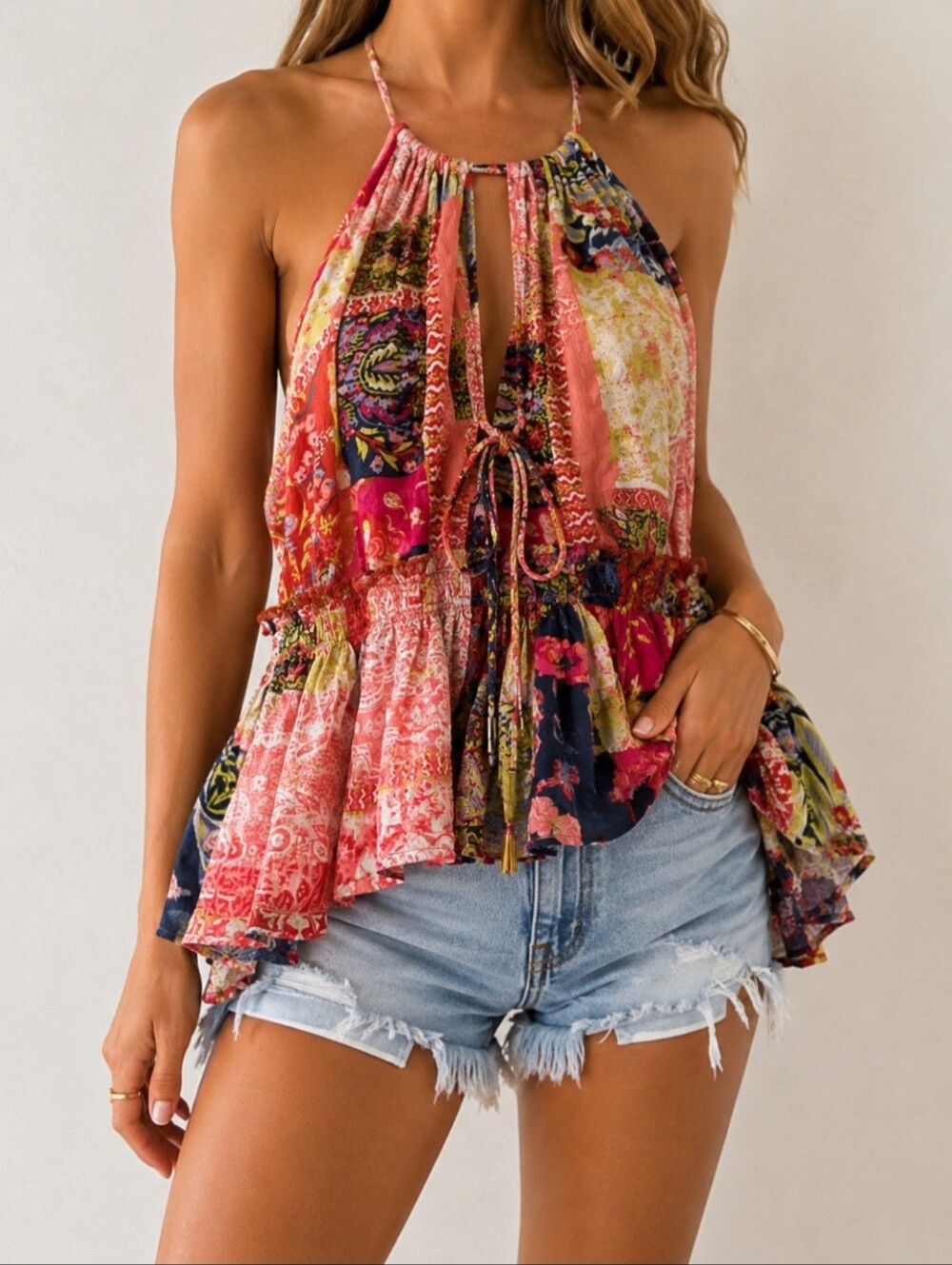 Rachel Zoe Pink Multi Patchwork Halter Camisole